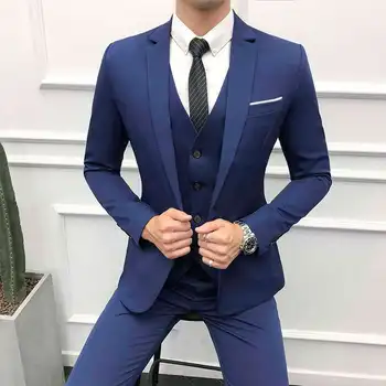 2021 Новый синий костюм мужской костюм на заказ корейский приталенный мужской пиджак мужской костюм-тройка (Куртка + Брюки + Жилет) блейзеры для мужчин