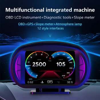 2023 Автомобильный HUD OBD GPS Бортовой Компьютер Цифровой Головной Дисплей Автоматический Спидометр Инклинометр Скорости Сигнализация для Всех автомобилей