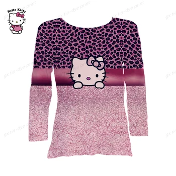2023 Весенне-осенняя футболка с длинным рукавом Hello Kitty, женская футболка с круглым вырезом, футболка в богемном стиле, повседневная свободная футболка