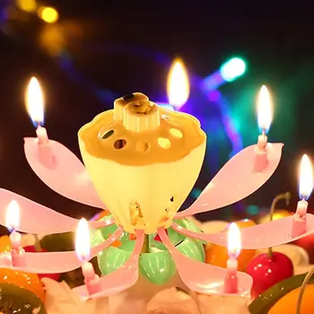 Diy Романтический Цветок Лотоса Музыкальная Свеча На День Рождения Вращающиеся Волшебные Бенгальские Огни Для Украшения Торта На День Рождения Свеча Lotus