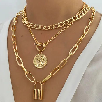 IPARAM Панк-Золотое металлическое ожерелье с преувеличением для женщин, Кубинский цепной замок, подвеска в виде монеты, Женские ожерелья, набор модных украшений, подарок