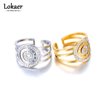 Lokaer Statement Rhinestone Opening Ring for Women Stainless Steel Roman Numeral Ring Office Jewelry бижутерия для женщин R23032