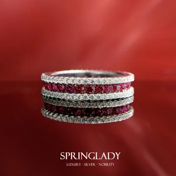 SpringLady 2023 Новое Рядное кольцо S925 С серебряной инкрустацией и рубином Круглое 2,0 мм Тонкое Женское Кольцо С изображением Обручальных колец на пальцах