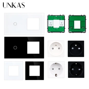 Бесплатная комбинация UNKAS DIY 1 Банда сенсорного включения / выключения Wi-Fi Розетка Европейского французского стандарта Стеклянная 157 мм Панельная розетка