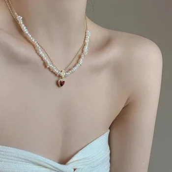 Двухслойное ожерелье с красным сердцем, нерегулярное жемчужное ожерелье, модные милые летние украшения в виде сердца для девочек
