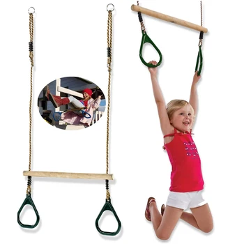 Деревянная трапеция с пластиковыми гимнастическими кольцами, качели 2 в 1 для детской площадки, аксессуары для детей