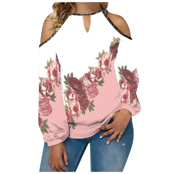 Женская Модная Повседневная Темпераментная футболка с цветочным принтом, Круглым вырезом, Открытыми плечами, Подходящего цвета, Футболка С длинным рукавом, Топ Camisas Mujer