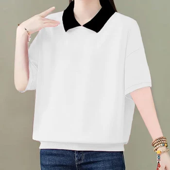 Женская одежда Поло, весна-лето, короткий рукав, лацкан, Свободная однотонная футболка большого размера, повседневные модные Элегантные топы