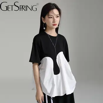 Женская футболка Getspring с короткими рукавами, футболка в стиле пэчворк, модная Свободная повседневная женская футболка, универсальные женские футболки 2023 г.