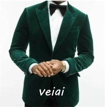 Зеленые бархатные костюмы для мужчин, Свадебные смокинги для жениха, приталенный блейзер в итальянском стиле, одежда-двойка на заказ (пиджак + брюки)