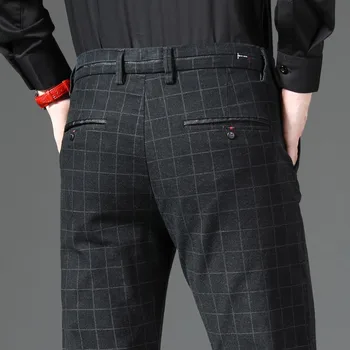 Клетчатые мужские модельные брюки, повседневные деловые офисные официальные брюки для мужчин, стрейчевые костюмные брюки для мужчин, облегающие брюки больших размеров для мужчин