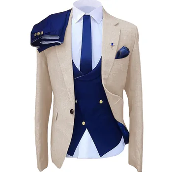 Мужской костюм, 3 предмета, однотонный формальный приталенный свадебный Деловой банкетный костюм, рабочий костюм, темно-синий жилет, брюки с курткой