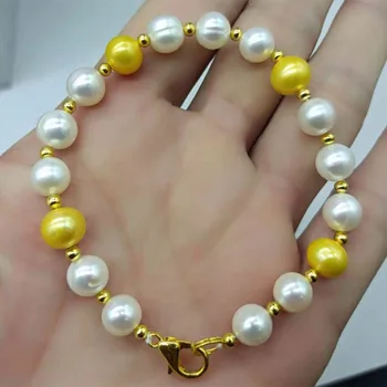 Невероятно Красивый 8-9-миллиметровый бело-желтый браслет из пресноводного культивированного жемчуга, модные женские украшения 7,5 дюймов