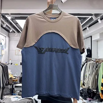 Новая футболка в стиле пэчворк с буквенным принтом Для мужчин и женщин, футболки с коротким рукавом, Винтажные футболки, топы, футболки Оверсайз