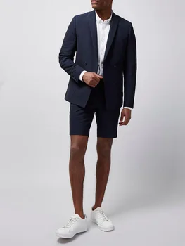 Новое поступление, темно-синий костюм Homme, Мужской костюм с короткими брюками, Мужской костюм из 2 предметов (пиджак + брюки) Смокинг, блейзер на заказ, Masculino