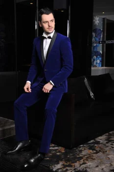 Новые высококачественные бархатные мужские костюмы королевского синего цвета, смокинг жениха, свадебные вечерние комплекты деловых блейзеров из 2 предметов (куртка + брюки)