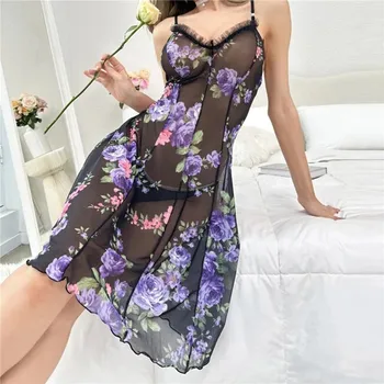 Ночные рубашки без рукавов с цветочным рисунком, женское Прозрачное платье для сна, кружевная Сексуальная ночная рубашка, Прозрачная ночная рубашка, женская ночная рубашка-пижама