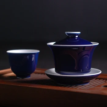 Одноцветная Глазурь Высокотемпературное Жертвоприношение Чаша С Синим Покрытием Керамическая Чайная Супница