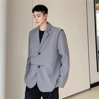Осень 2021 года, корейский стиль, уникальный дизайн жилета, мужской повседневный свободный однотонный костюм для мужчин M-XXL