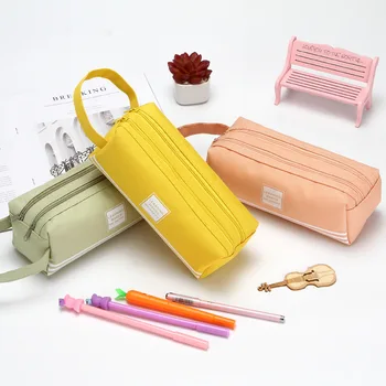 Пенал большой емкости, двусторонняя холщовая сумка для ручек цвета Макарон, сумка для хранения канцелярских принадлежностей для мальчиков и девочек, студенческие подарки