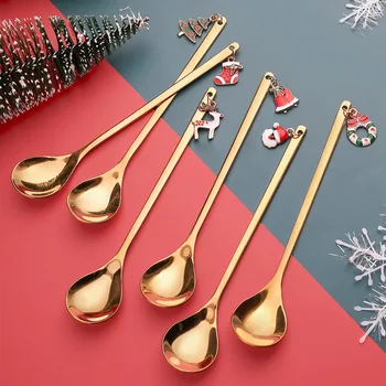 Рождественская ложка из нержавеющей стали, Золотая, серебряная, с изображением лося, снеговика, Санта-Клауса, подвесная ложка, украшения для рождественской вечеринки, ложка для молока и кофе