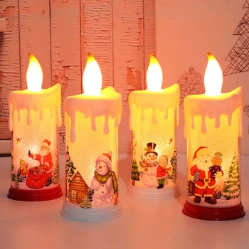Рождественская Реалистичная Свеча на Столбе с Мультяшным Принтом Санта-Снеговика, Беспламенная Мерцающая Ночная Лампа на Батарейках