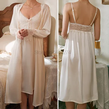 Сексуальный комплект свадебного халата для новобрачных, Женский халат, сорочка с V-образным вырезом, ночная рубашка, Летняя кружевная пижама на пуговицах, Элегантная ночная одежда