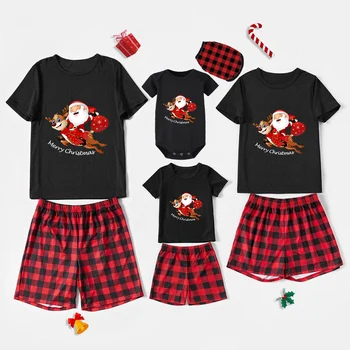 Семейные пижамы в тон Рождеству, Эксклюзивный дизайн, Подарочная коробка с Санта-Клаусом и оленем, Черная короткая пижама