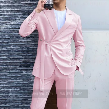 Стильные розовые мужские костюмы с поясом, 2 предмета, сшитые на заказ, Приталенный свадебный костюм Шафера Жениха, Смокинг, Небесно-голубой блейзер с брюками в комплекте