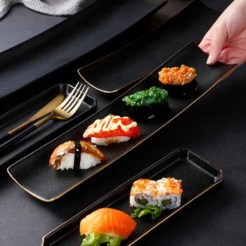 Тарелка для суши в японском стиле, креативные Черные Керамические Обеденные тарелки, Столовые приборы, Длинные блюда, Фарфоровая тарелка для еды на домашней кухне отеля