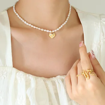 Цепочка из пресноводного жемчуга в стиле барокко, Легкая роскошь, Высококачественный медный материал, подвеска с любовью, инкрустированное ожерелье из циркона для женщин