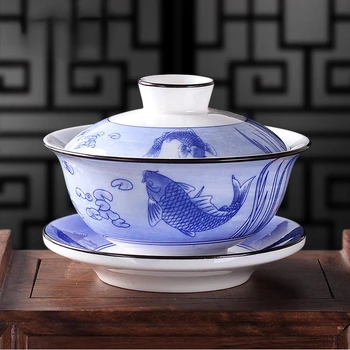 Чашка для чая древняя китайская 300 мл сине-белая фарфоровая чаша с крышкой