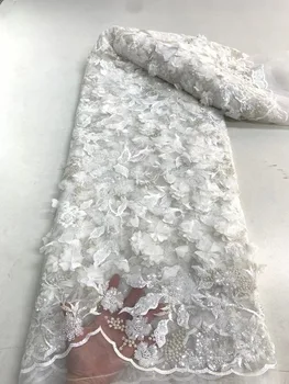 Чисто-белая Африканская кружевная ткань ручной работы из тюля с пайетками, Французская роскошная сетчатая ткань с 3D цветами, расшитая бисером, для свадебных вечерних платьев