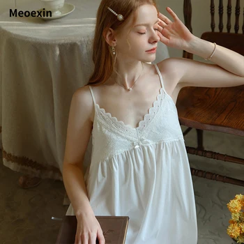 Meoexin Новая Кружевная Ночная Рубашка на Подтяжках для Женщин, Летняя Сексуальная Короткая Ночная Рубашка в Стиле Милой Принцессы, Хлопковая Удобная Ночная Рубашка