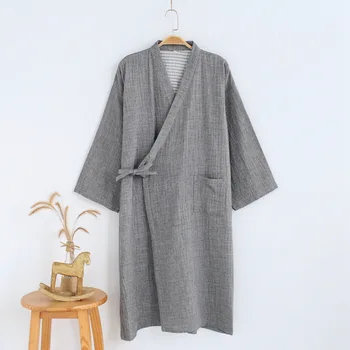Мужское кимоно Хлопок Весна Осень Свободный халат с V образным вырезом и длинным рукавом на шнуровке, однотонный банный халат из крепа с карманами для мужчин 2023 г.